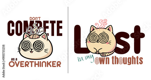 Vector art of cute cat overthinker and lost in my own thoughts cartoon concept