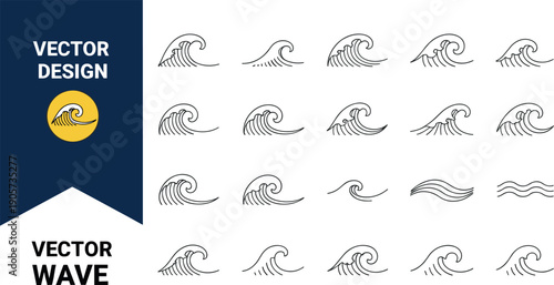 Collection of stylized ocean wave line icons in multiple flowing shapes for water and sea design