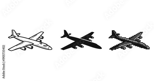 Three airplane styles: line art, silhouette, and pixel graphics
