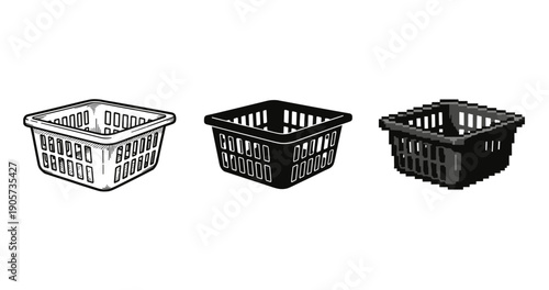 Three styles of square laundry baskets: sketch, solid, pixel art