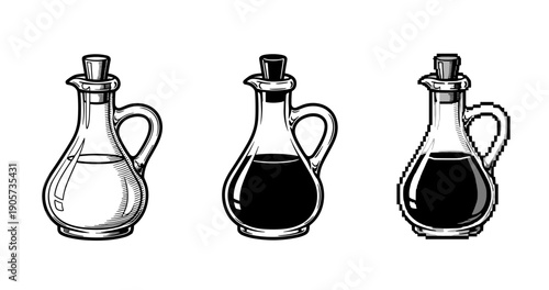 Set of three vector black and white vinegar cruets with pixel art style