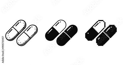 Three styles of capsule icon: vintage, modern, pixel art