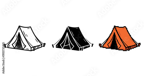 Variety of tent styles: sketch, silhouette, pixel art