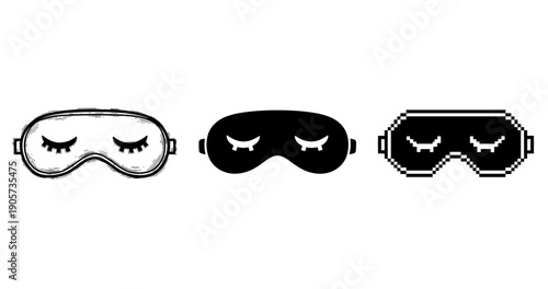 Set of three sleep masks in sketch, solid, and pixel art styles