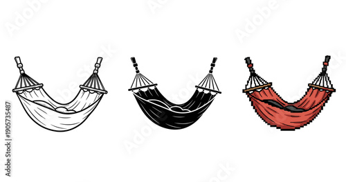 Diverse hammock designs: monochrome, silhouette, and pixel art styles