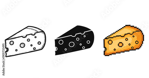 Three cheese icons in sketch, silhouette, and pixel art styles