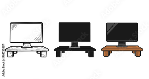Three computer monitors: sketch, silhouette, and pixel art styles