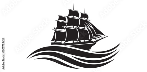 Majestic historic tall ship silhouette sailing gracefully on stylized ocean waves evoking classic maritime adventure