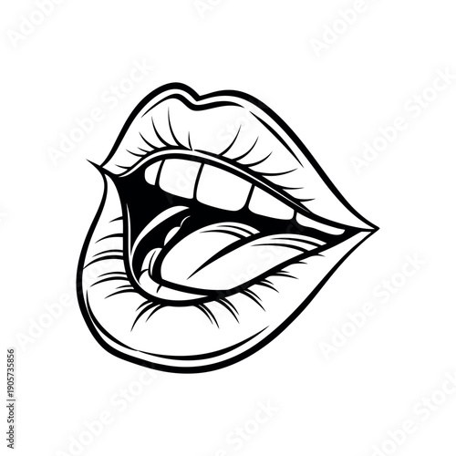 Stylized black and white illustration of expressive lips with tongue sticking out