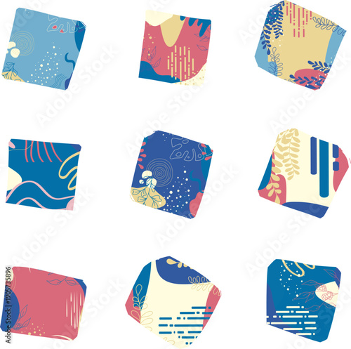 北欧風の抽象アートとボタニカル模様のカラフルフレーム9種セット｜角丸多角形の装飾背景パーツ・カードや見出しに使えるデザイン素材（青×ピンク×ベージュ）