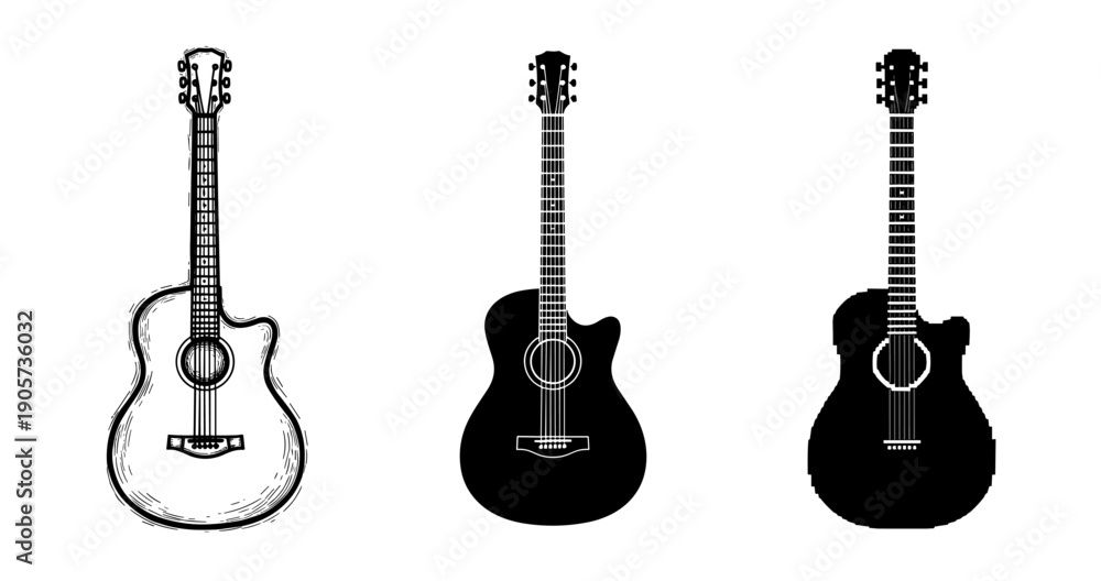 Obraz premium Set of three acoustic guitar silhouettes and outline illustrations