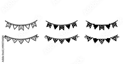 Set of six black and white decorative pennant banners in various styles