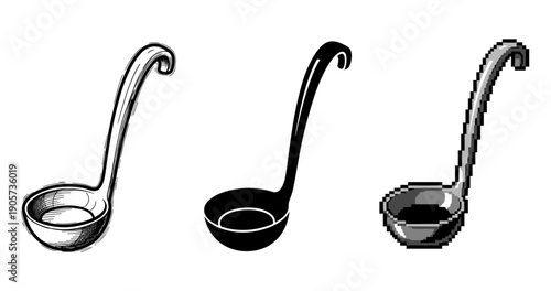 Set of three ladles: sketch, silhouette, and pixel art styles