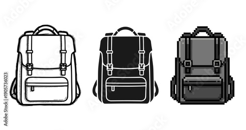 Trio of backpack illustrations: sketch, silhouette, pixel art styles