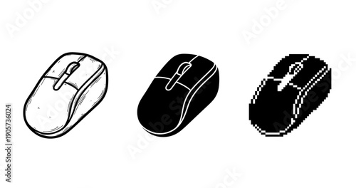 Variety of mouse designs: sketch, solid, pixel art styles