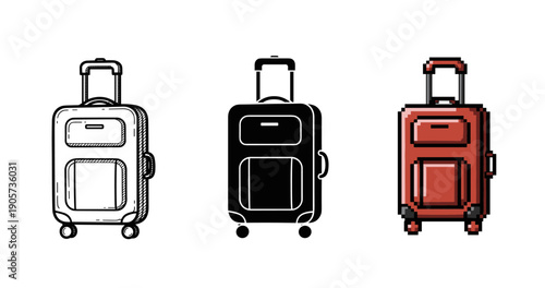 Sketch, silhouette, and pixel art of wheeled suitcases