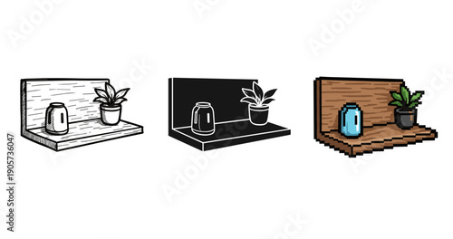Stylized shelf designs: sketch, silhouette, and pixel art featuring vase and plant