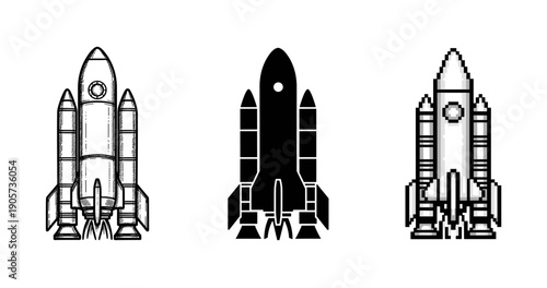 Monochrome space shuttles: vintage, silhouette, and pixel art designs