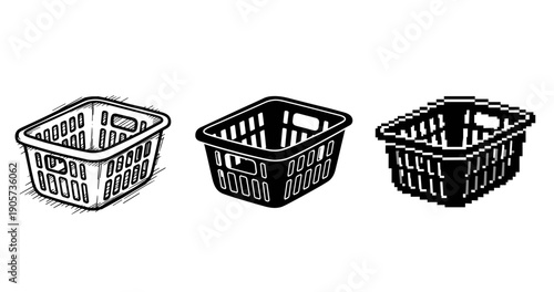 Three variations of laundry baskets: sketch, solid, pixel art