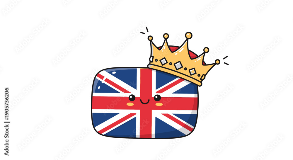 Fototapeta premium Charming union flag character with crown, representing british pride and cultural celebration