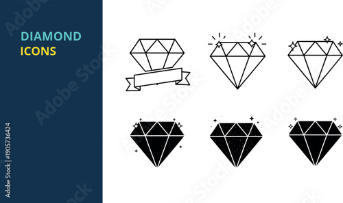Set of diamond gemstone icons in outline and filled styles with sparkle accents and ribbon banner