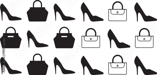 Black and white repeating pattern of high heel shoes and handbags
