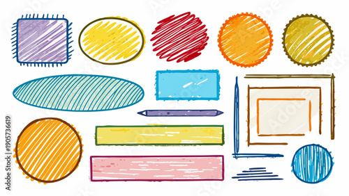 Colorful collection of playful geometric and organic shapes with a computer screen isolated on white background, Vector