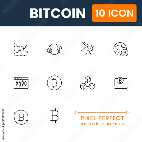 bitcoin and crypto icon set, blockchain digital currency symbols, modern flat vector cryptocurrency payment UI icons
