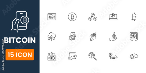 bitcoin icon set, cryptocurrency and blockchain symbols, digital currency finance vector icons, modern crypto payment UI icons