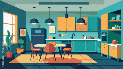 Cozy modern kitchen and dining area with vibrant colors and stylish furniture isolated on white background, Vector