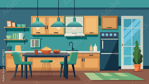 A cozy kitchen with modern appliances and wooden furniture in a warmly lit home setting isolated on white background, Vector