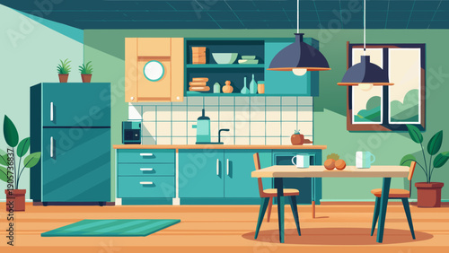 A colorful and lively kitchen scene with family members enjoying their time together isolated on white background, Vector