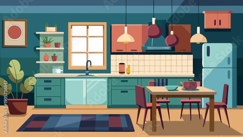 Cozy home office space with vibrant decor and modern furniture arrangement isolated on white background, Vector