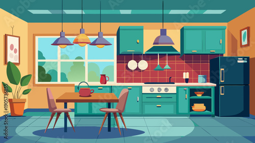 A vibrant and modern kitchen filled with colorful appliances and home decor elements. isolated on white background, Vector