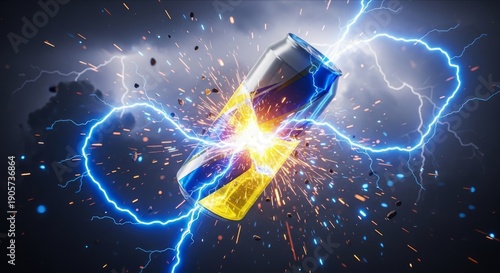 Lightning Strikes Energy Drink Can in Dark Background