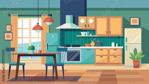 Modern kitchen with stylish dining area and cozy living space in a bright home environment isolated on white background, Vector