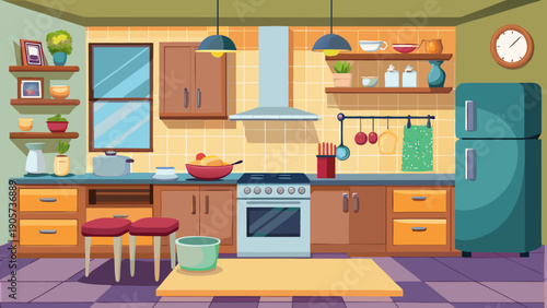 A colorful and cozy cartoon kitchen filled with retro appliances and vibrant decor isolated on white background, Vector