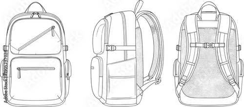 Backpack technical illustration, front side and back view, travel school bag design, detailed line art vector for product presentation