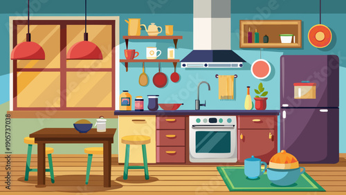 A cozy kitchen and dining area with modern appliances and colorful decor isolated on white background, Vector