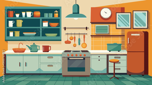 A colorful and organized modern kitchen interior with various appliances and storage. isolated on white background, Vector