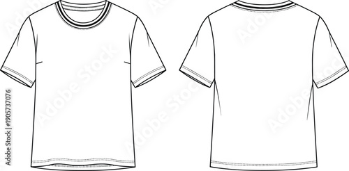 Basic t shirt technical fashion illustration, front and back view, short sleeve crew neck top, flat vector design for apparel production