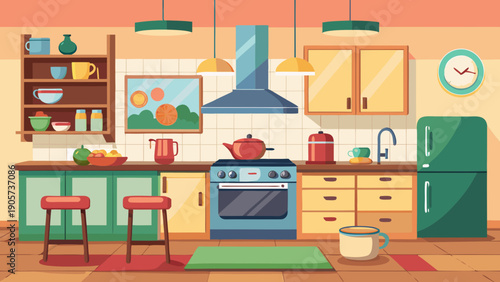 Colorful assortment of kitchen ingredients and pantry items arranged in a vibrant display isolated on white background, Vector