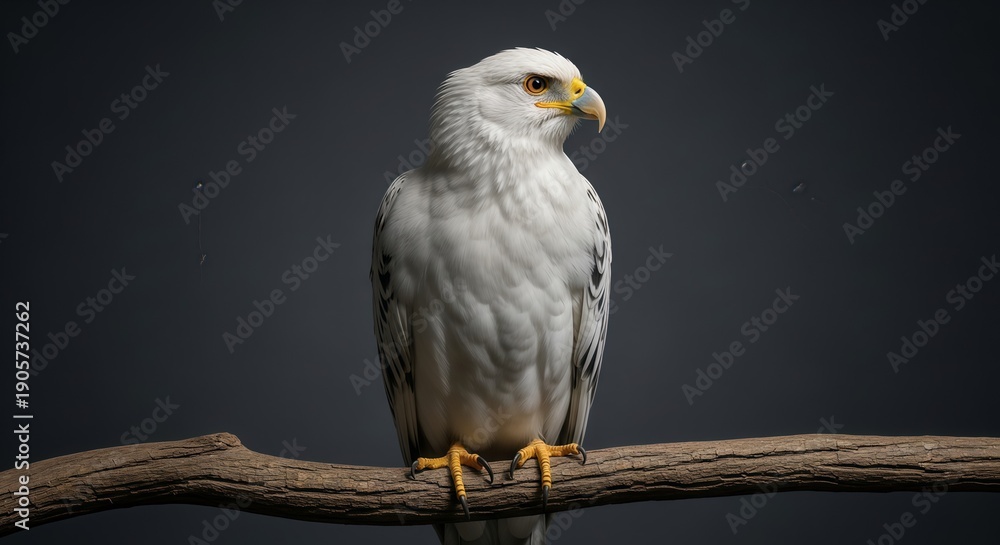 Fototapeta premium A white eagle perched on a tree branch against a dark background