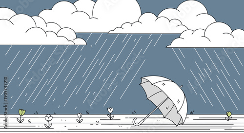 Cartoon Umbrella Standing Alone in Rainy Weather.