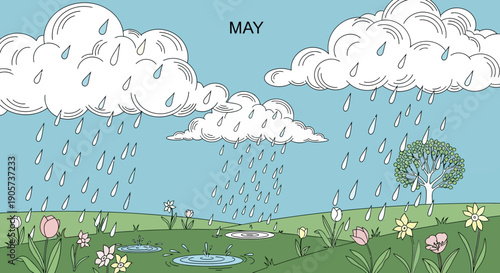 Clouds with Rain over Green Landscape.