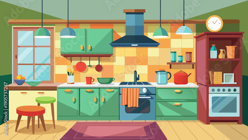 A cozy kitchen scene with a family enjoying a meal together in a warmly lit room. isolated on white background, Vector