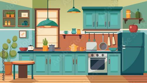 A vibrant kitchen scene with modern appliances and colorful decor elements. isolated on white background, Vector