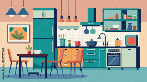 Colorful kitchen scene with friends enjoying a casual gathering and cooking together isolated on white background, Vector