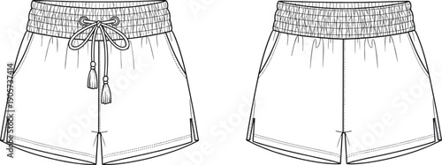 Casual shorts front and back view, minimalist line art apparel template, elastic waist drawstring shorts design isolated on white