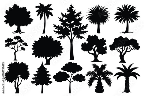 set of tree silhouette line art vector illustration with a white background